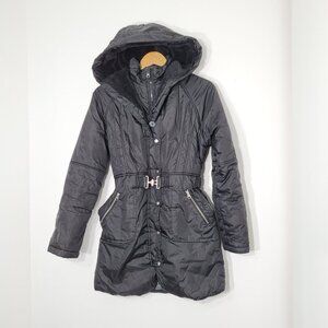 Folia Black Belted Classic Puffer Jacket Lined Hooded Winter Pockets Coat Office